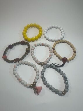 Set of 8 Beaded Stretch Bracelets - Yellow, White, Tan, Gray, Pink Accents